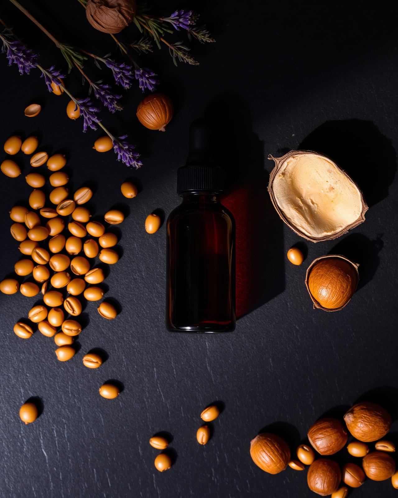 Flat lay of jojoba seeds, argan nuts, lavender, and an amber dropper bottle