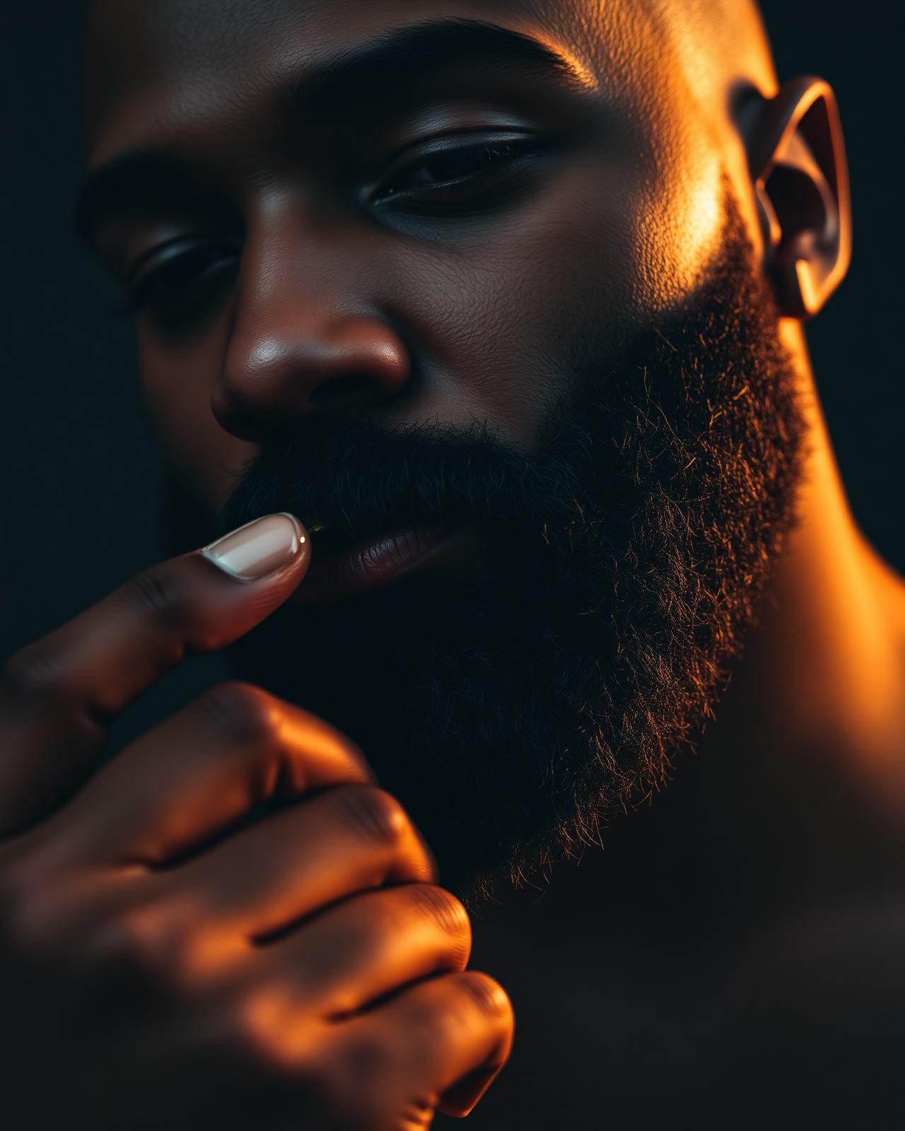 Close-up of a bearded man applying beard oil with warm amber light
